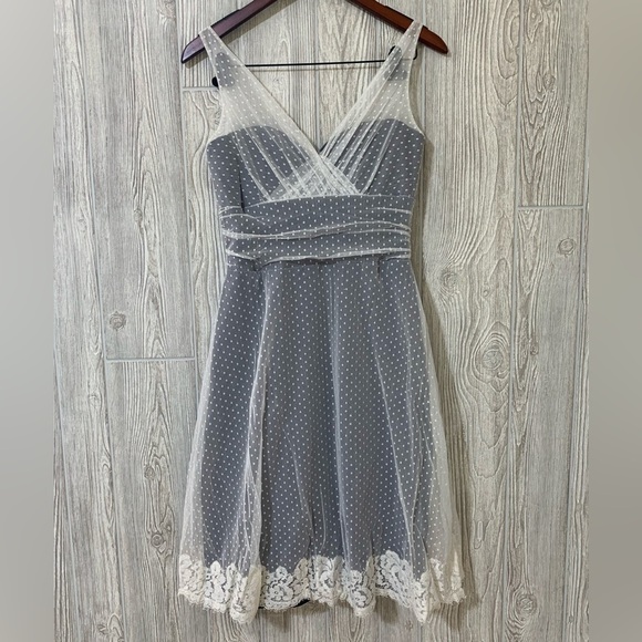 Polka Dot Tulle Lace Navy Blue Lined Dress Jim Hjelm Occasions Size 10 - Picture 1 of 12